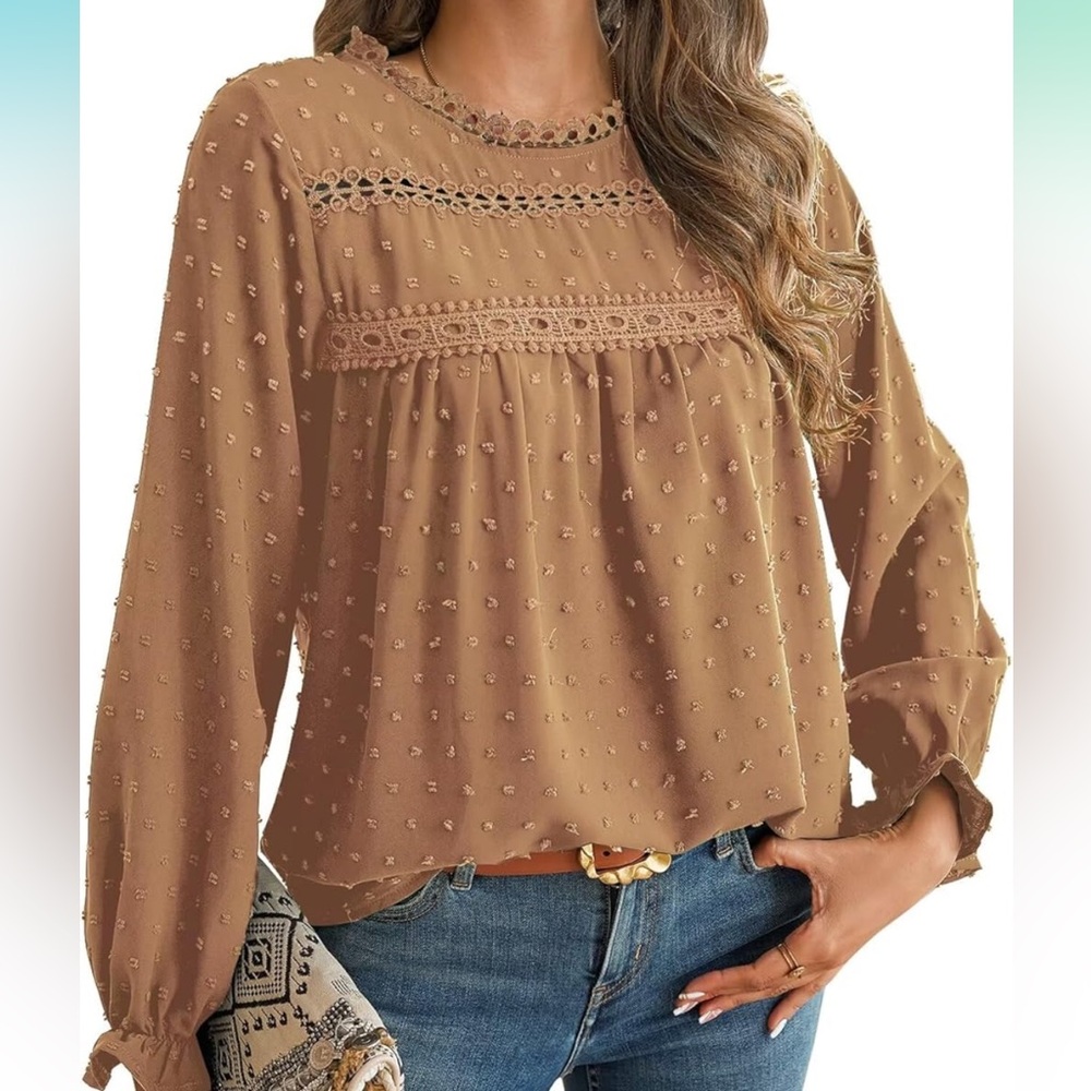 Light Carmel Swiss Dot Crochet Hollow Top